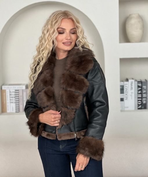 Alternative view of Dirbtinės odos striukė su dirbtinio kailio detalėmis, šokoladas