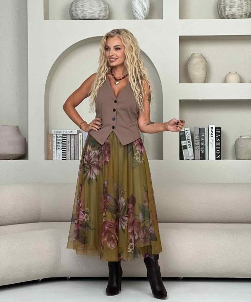 Tiulinis gėlėtas sijonas, garstyčių spalvos