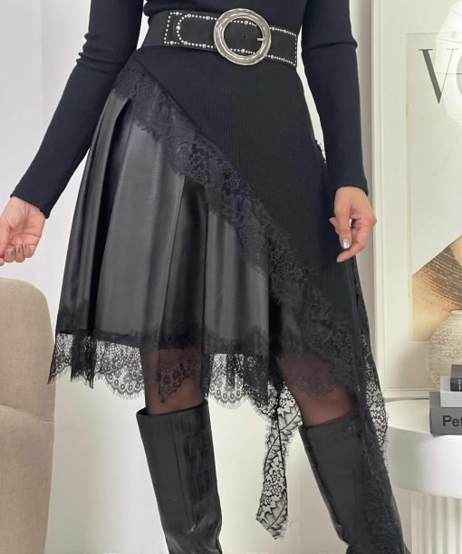 Eko odos sijonas su nėriniais, juoda spalva