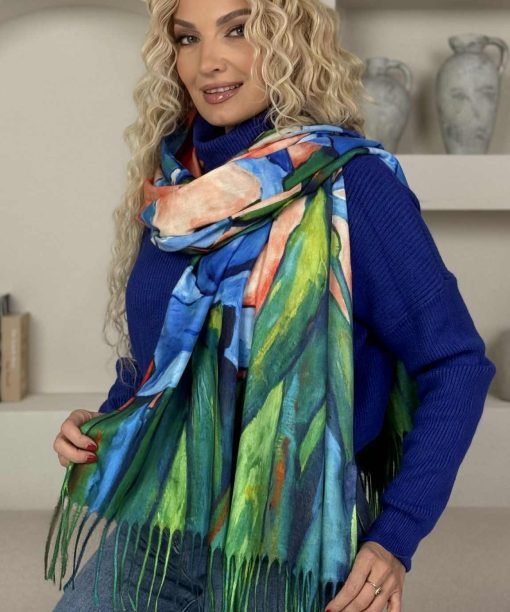 Alternative view of Šalikas "Irisai" žalia/mėlyna/koralų spalva