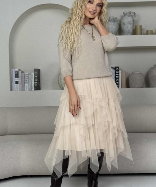 Alternative view of Megztinis "Alpaka" trumpos rankovės, latte spalva