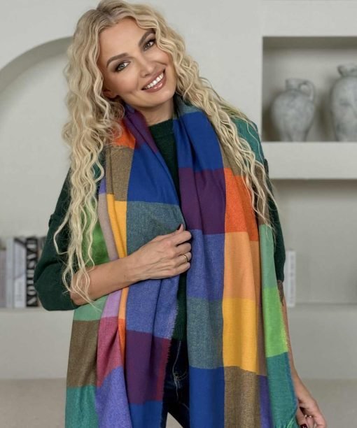 Šalikas „Languotas su kailio burbuliukais” oranžinė/mėlyna spalvos