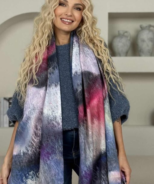 Šalikas "Potėpiai", mėlyna/alyvų/fuksija spalva