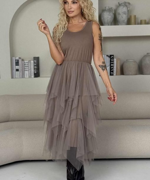 Apatinukas "Bangelės", tiulinis, ilgas, kapučino spalva