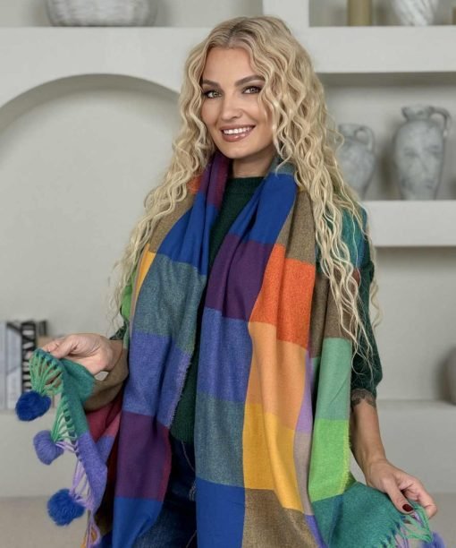 Alternative view of Šalikas „Languotas su kailio burbuliukais” oranžinė/mėlyna spalvos