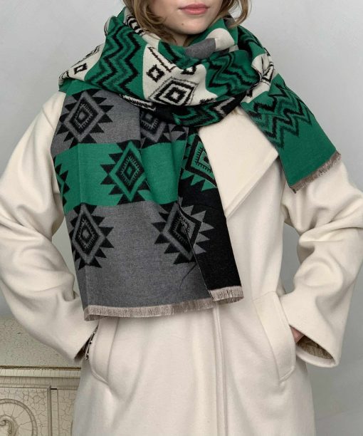 Šalikas "Etno raštai" žalia spalva