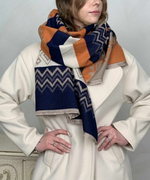 Šalikas "Etno raštai" oranžinė/mėlyna spalva