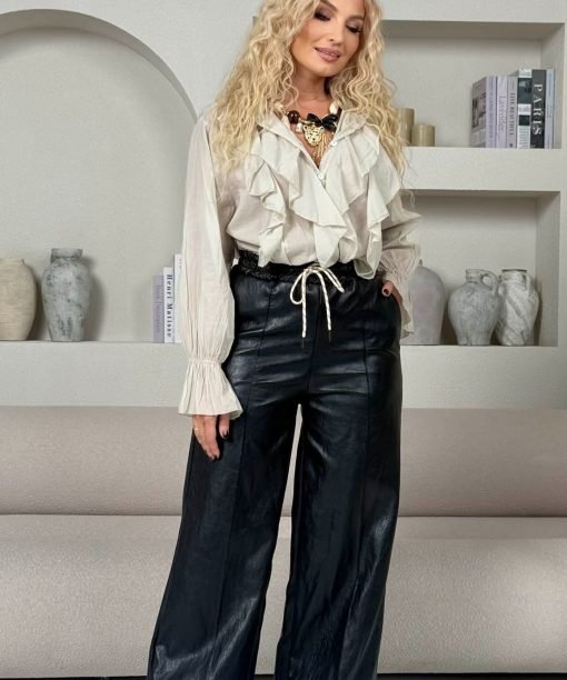 Kelnės, plačios, eko oda, juoda spalva