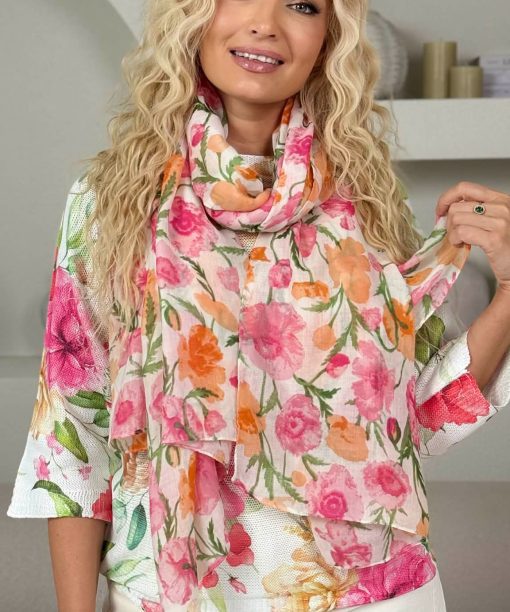 Šalikas "Gėlės", rožinė/oranžinė spalvos