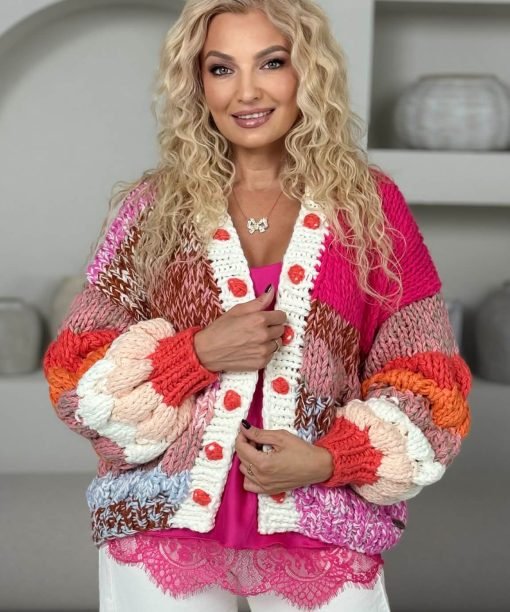 Stambaus mezgimo užmestukas, fuksija/koralų spalva