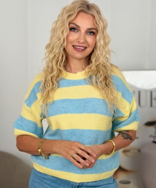 Megztinis "Dryžuotas", trumpos rankovės, žydra/geltona