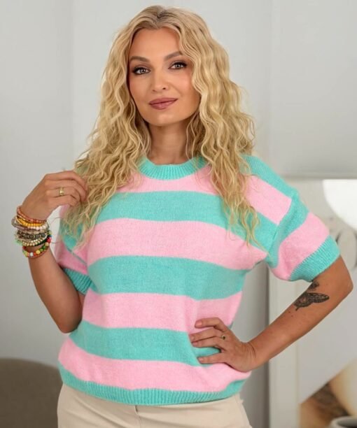 Megztinis "Dryžuotas", trumpos rankovės, mėtų/rožinė spalva