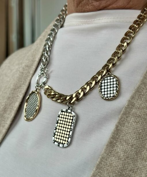 Kaklo papuošalas "Monetos" sendinto aukso ir sidabro spalva