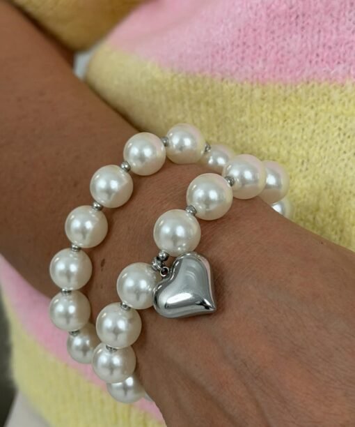 Apyrakių rinkinys, perlai su sidabro spalvos širdele