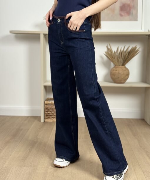 Džinsai su rudais apvadėliais, tamsiai mėlyna spalva