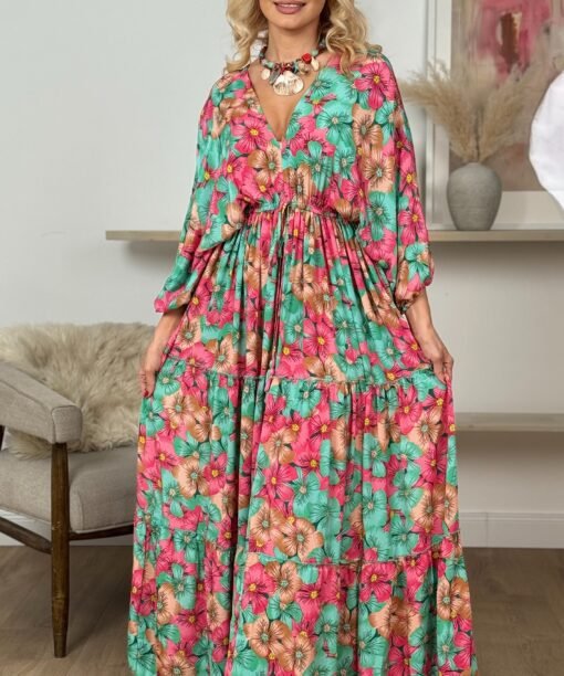 Suknelė "Kinrožės, mažos", mėtos/fuksijos spalva