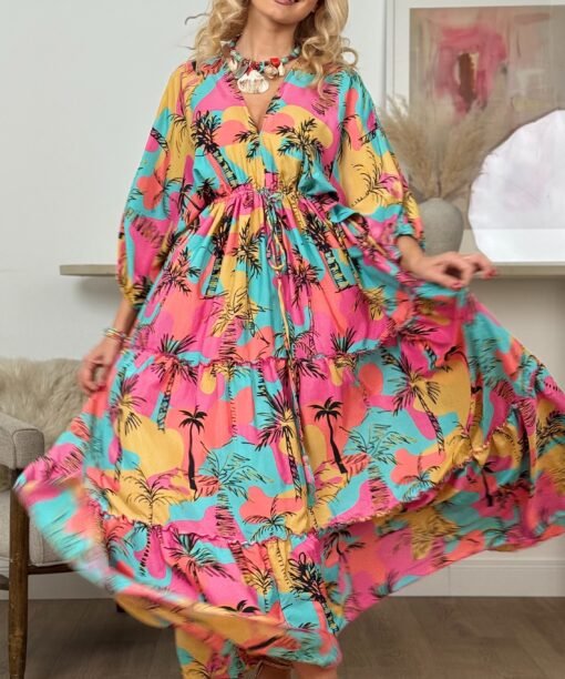 Suknelė "Saulėlydis", turkio/koralo/fuksijos spalva