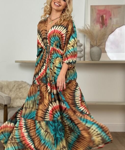 Suknelė "Batika" karamelės/turkio/koralų spalva