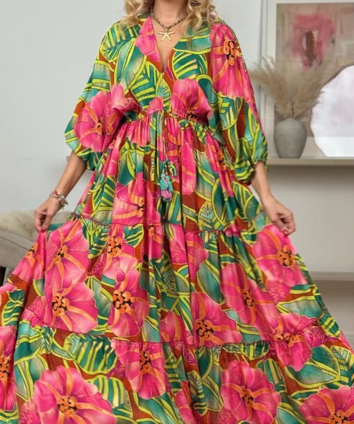 Suknelė "Džiunglės", žalia/koralų spalva