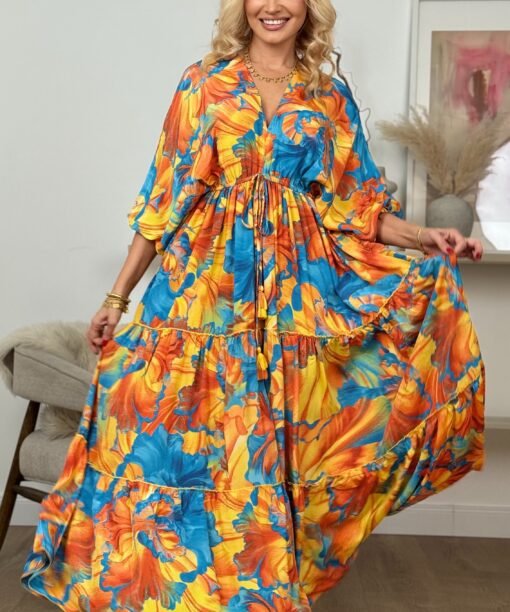 Suknelė "Gėlės - Žydras dangus", žydra/geltona spalva