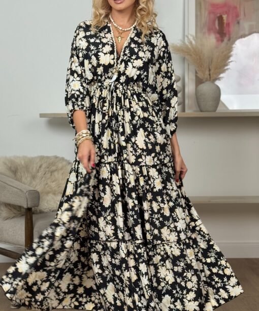 Suknelė "Gėlės", juoda/latte spalva