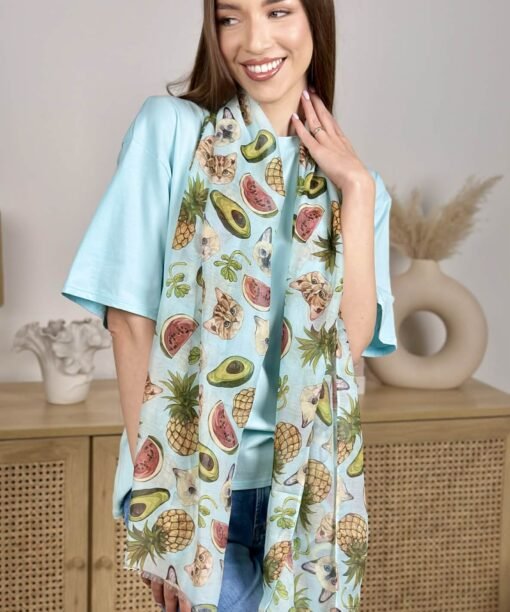 Lengvas šalikėlis "Katinas ir avokadai", žydra spalva