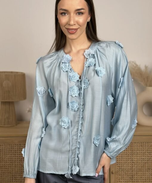 Marškiniai "Gėlių aplikacijos" su raišteliu, žydra spalva