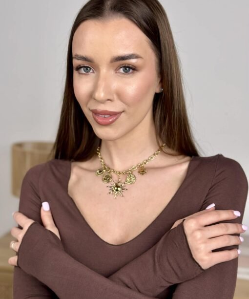 Alternative view of Kaklo papuošalas "Saulė su žetonais", aukso spalva