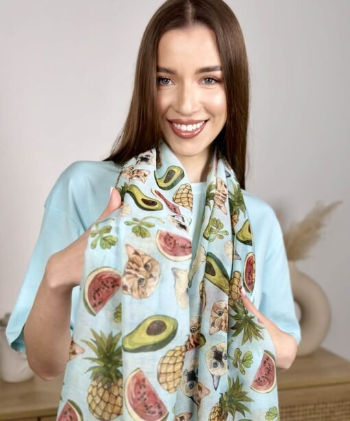 Alternative view of Lengvas šalikėlis "Katinas ir avokadai", žydra spalva