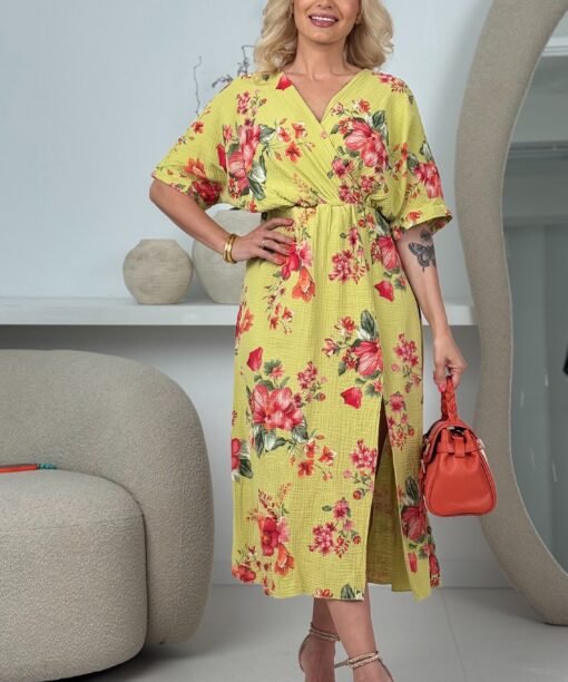 Suknelė "Gėlėta", glamžyta medvilnė, geltona spalva